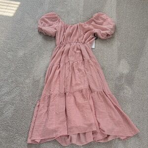 Pink Puff-Sleeve Tiered Dress